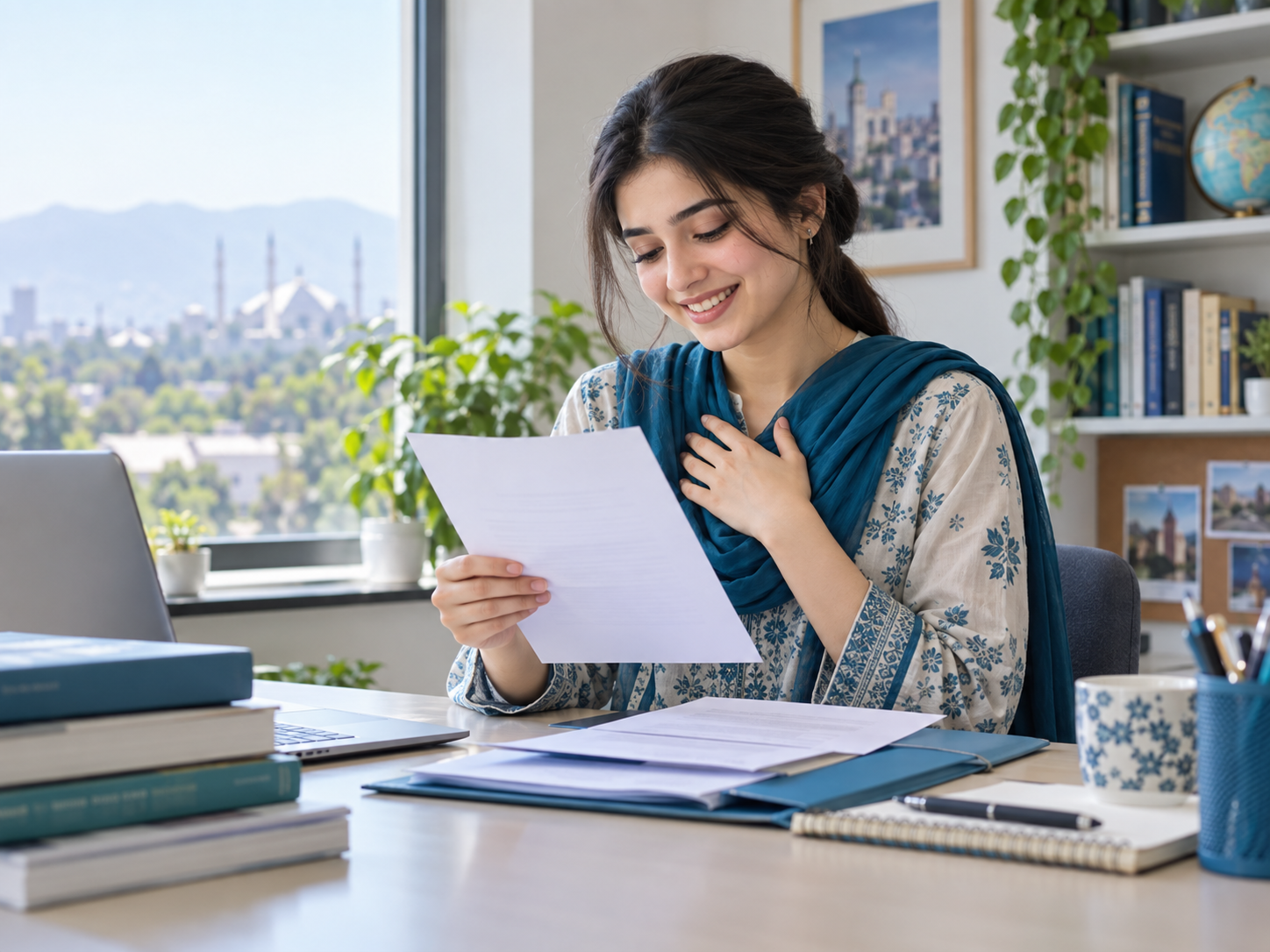Woman reviewing scholarship documents